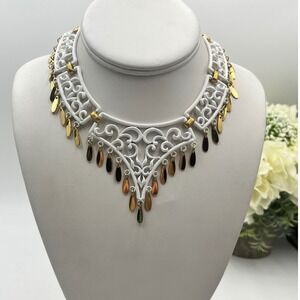 Roget Vintage Egyptian Revival Gold Tone White Enamel Bib Necklace‎ 11-15" New